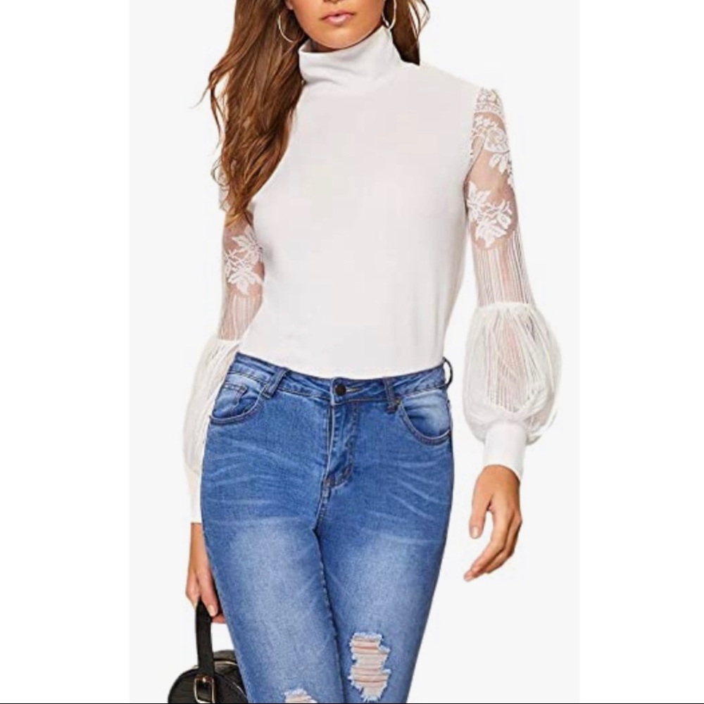 Mock Neck Lantern Lace Sleeve White Fitted Top